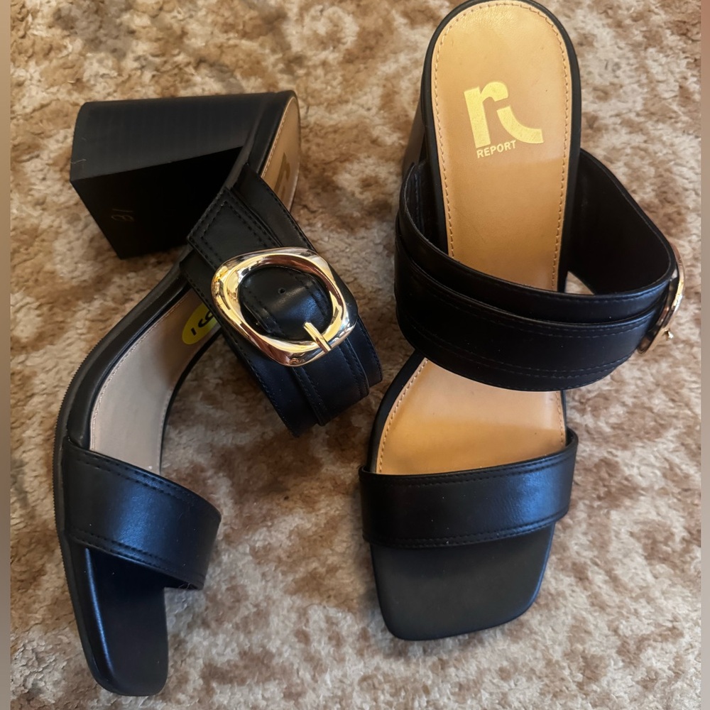 Gold buckle mules block heel sandals